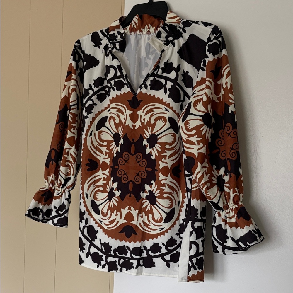 Elegant Brown and Black Patterned Women's Top